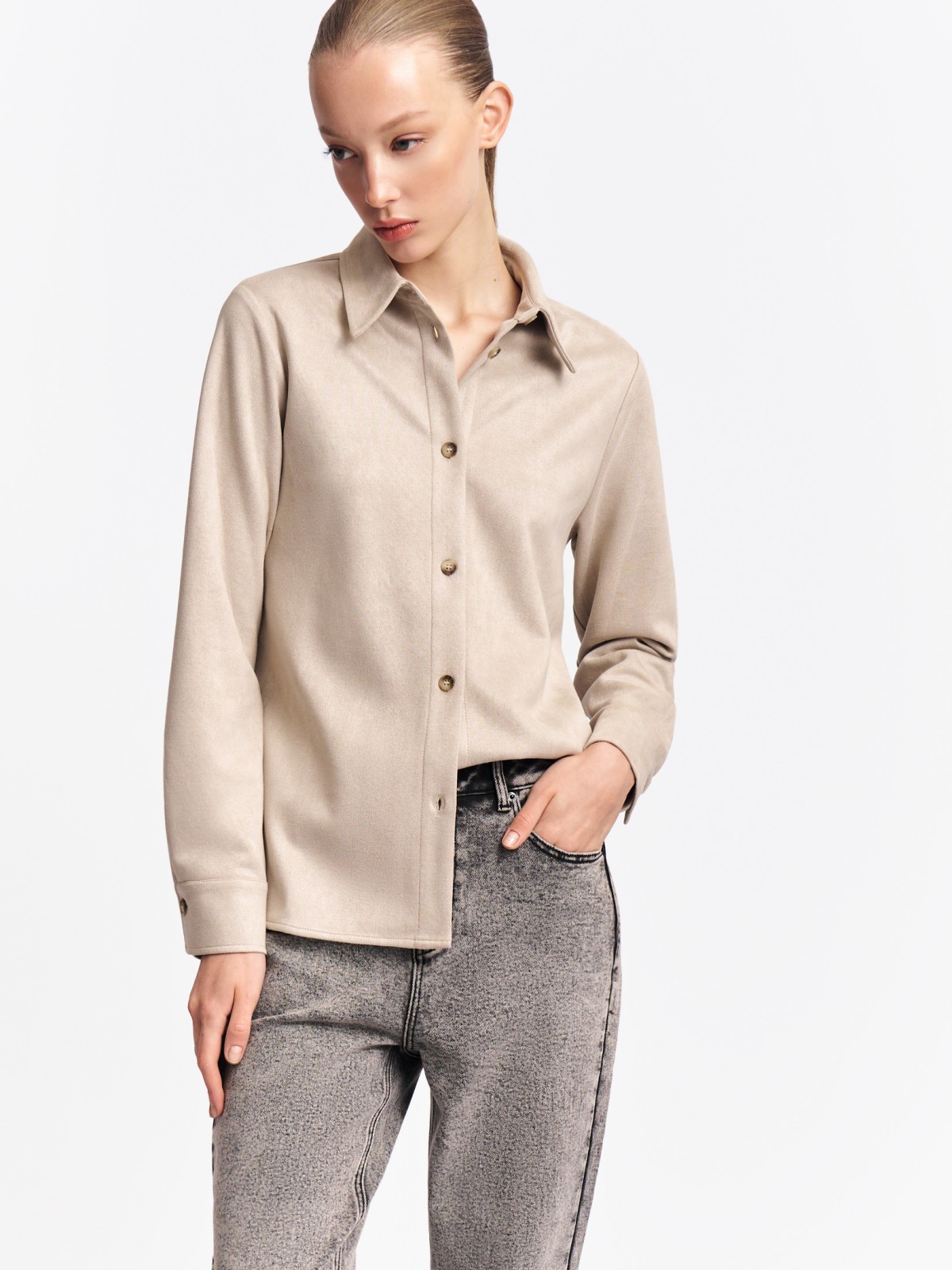 Замшевая рубашка с длинным рукавом