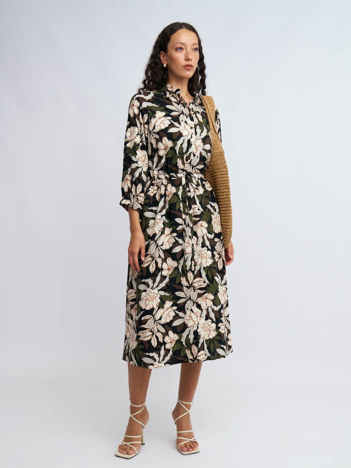 Платье-рубашка миди из вискозы на кулиске