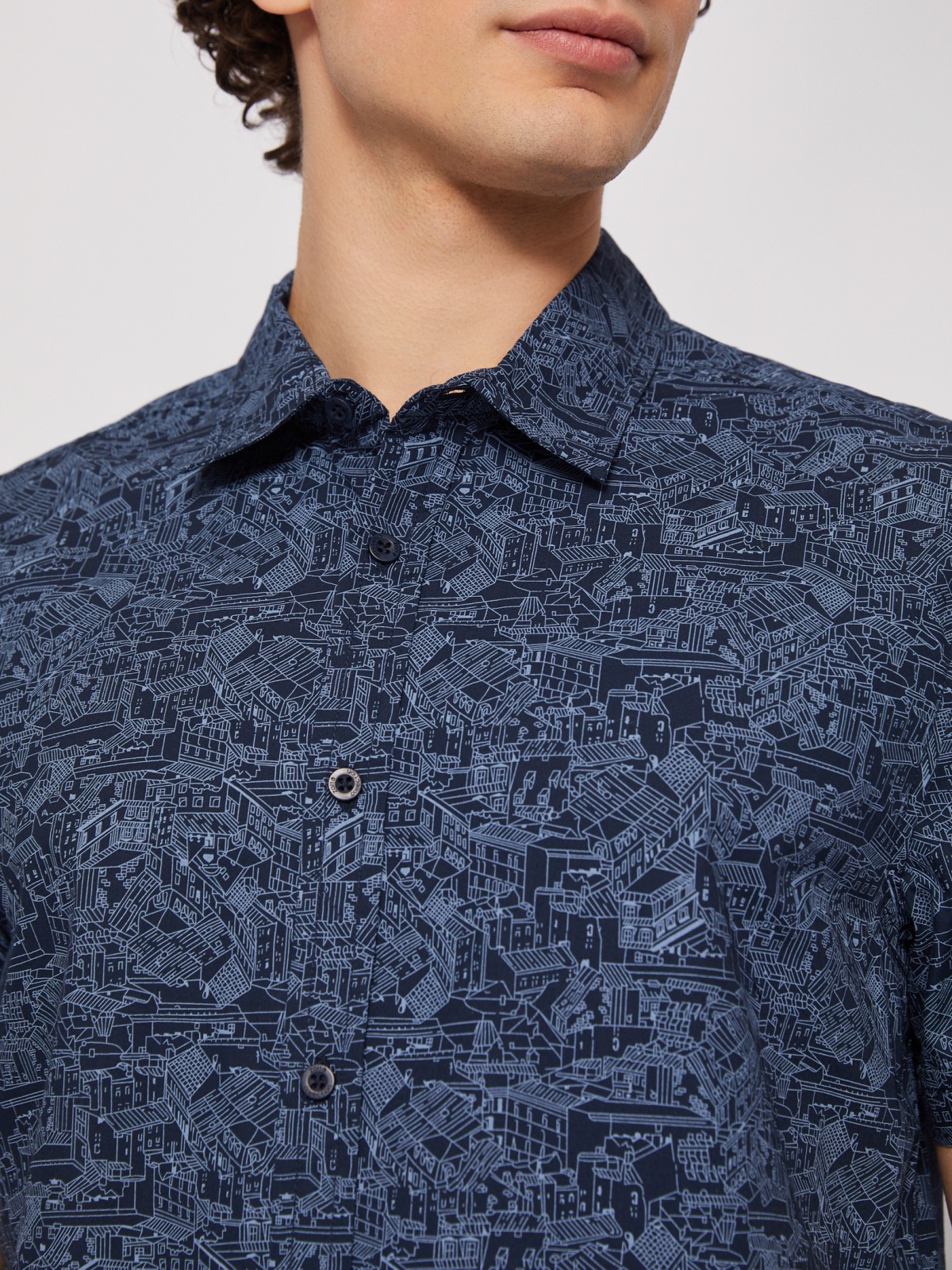Рубашка из хлопка с принтом и с коротким рукавом zolla 01422227Y073, цвет темно-синий, размер M - фото 5