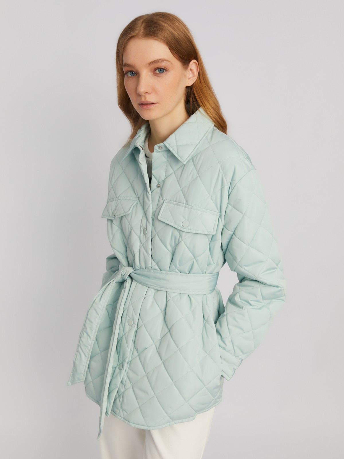 Утеплённая стёганая куртка-рубашка на синтепоне с поясом zolla 024135102134, цвет мятный, размер XS - фото 4