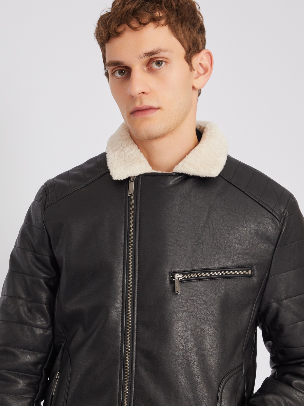 Тёплая куртка-косуха из экокожи с подкладкой из экомеха на синтепоне zolla 012345150154, цвет черный, размер L - фото 4