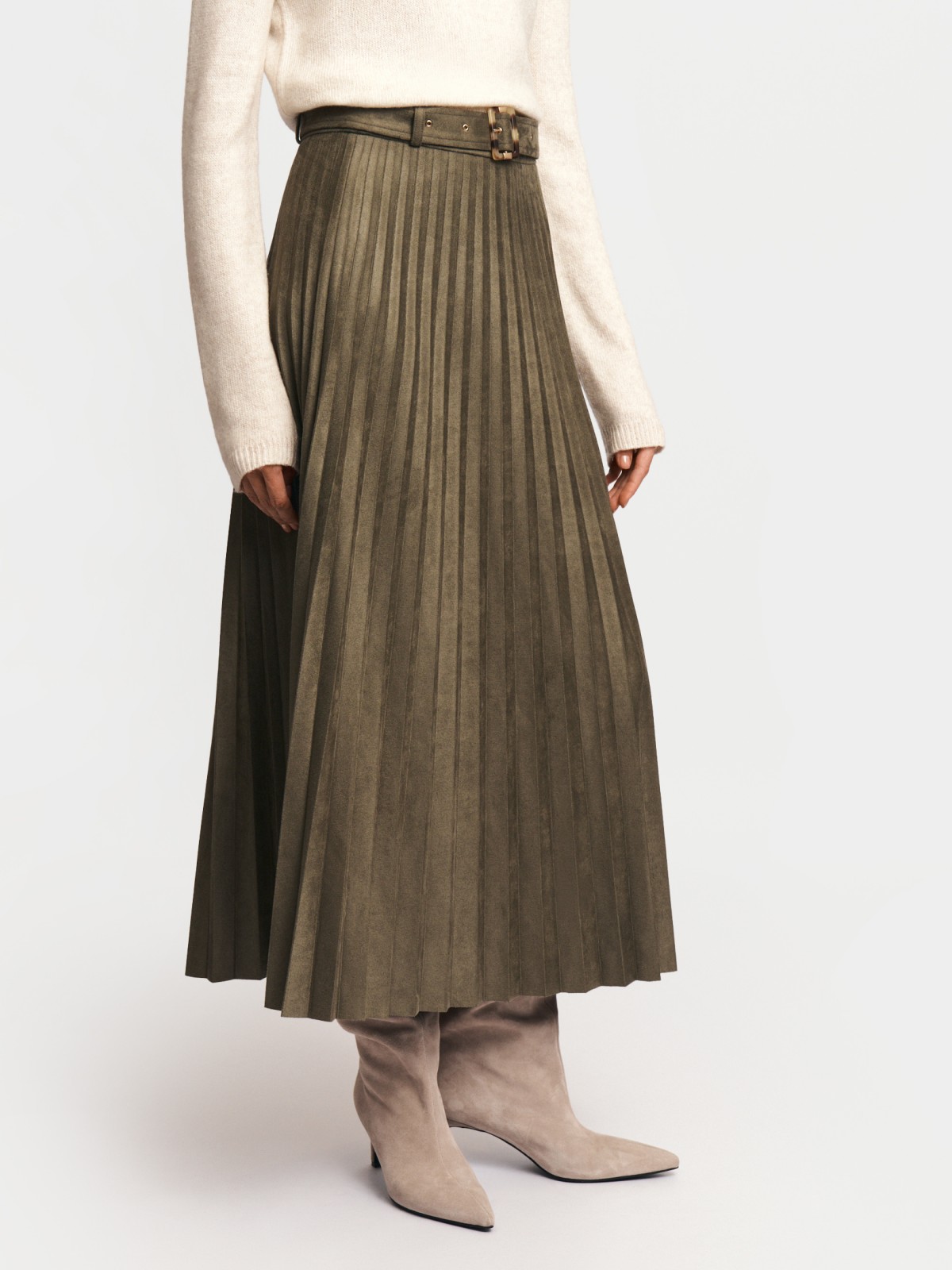 Юбка плиссе из экозамши с ремнём