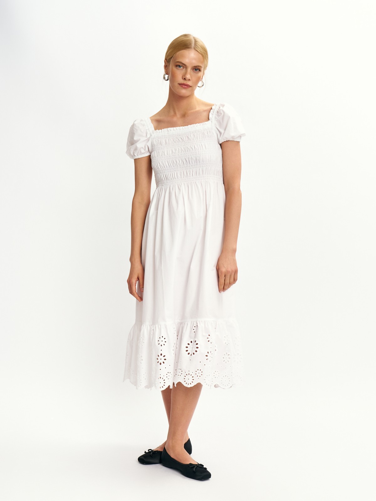 Платье из хлопка на резинке с вышивкой ришелье