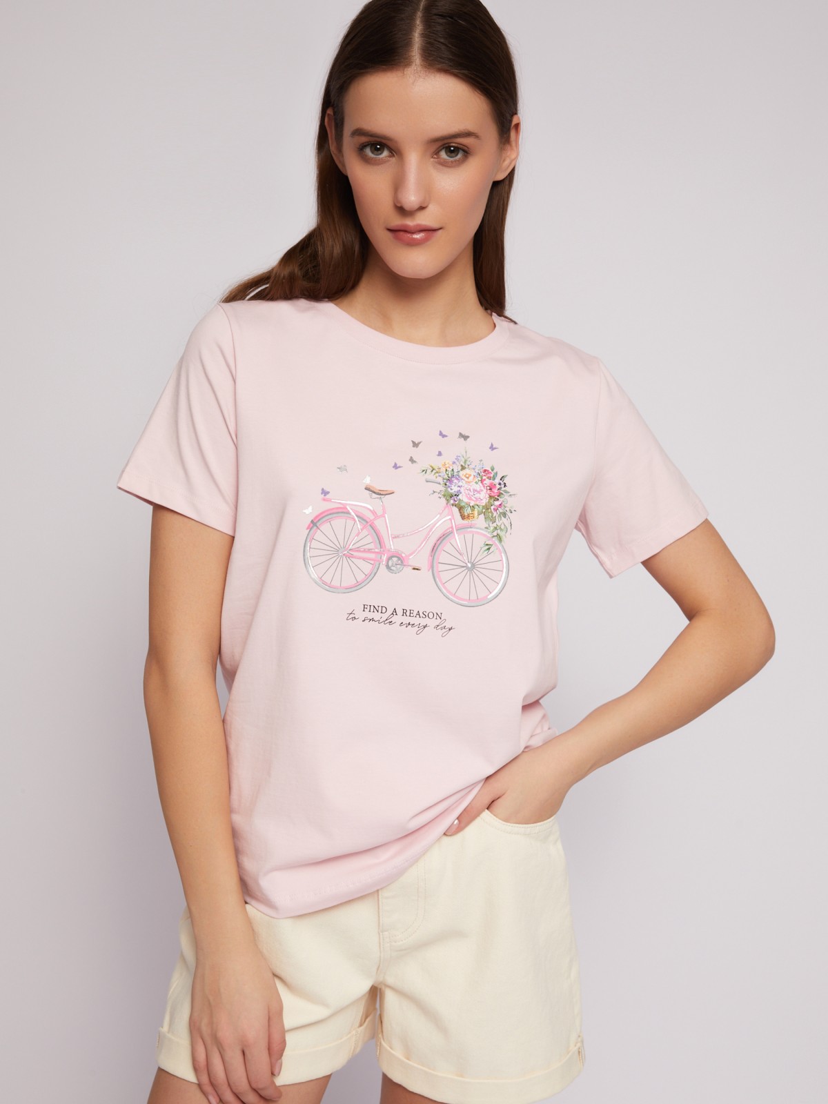 Трикотажная футболка из хлопка с принтом и стразами