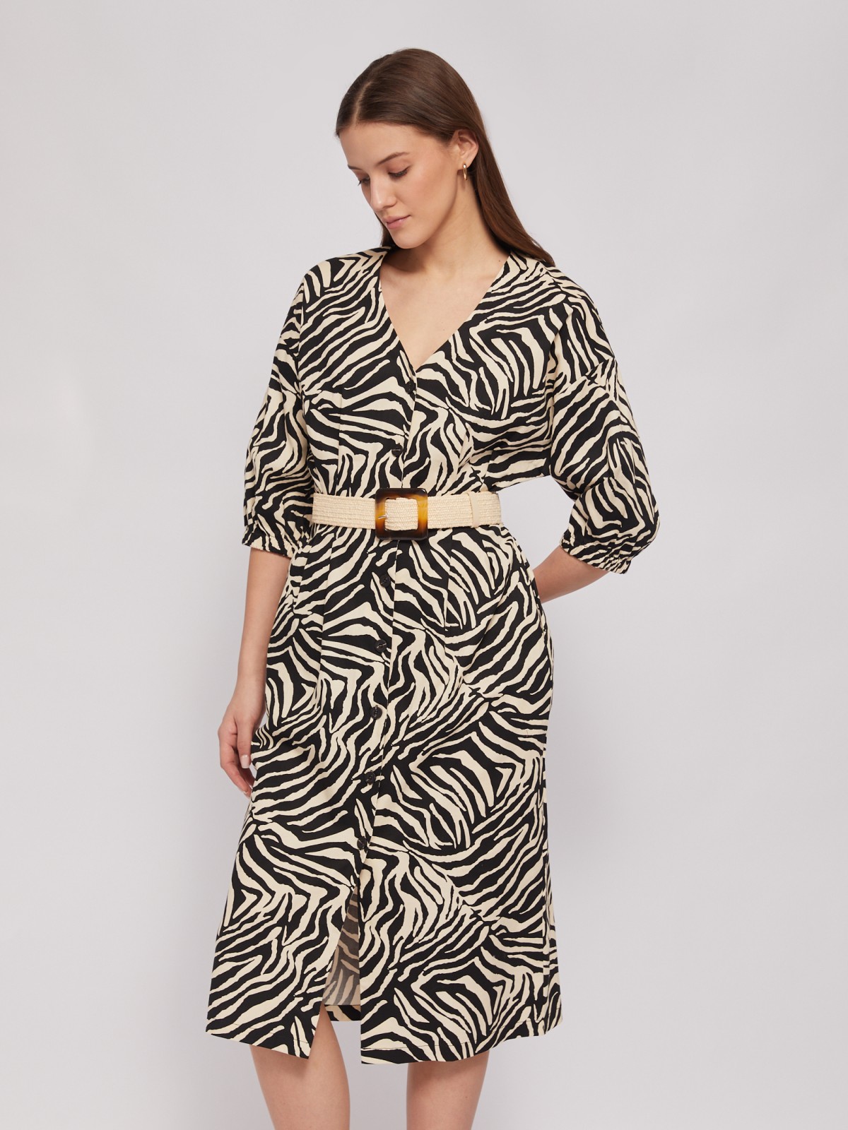 Платье-халат из хлопка с принтом и плетёным ремнём zolla 024238291133, цвет молоко, размер L