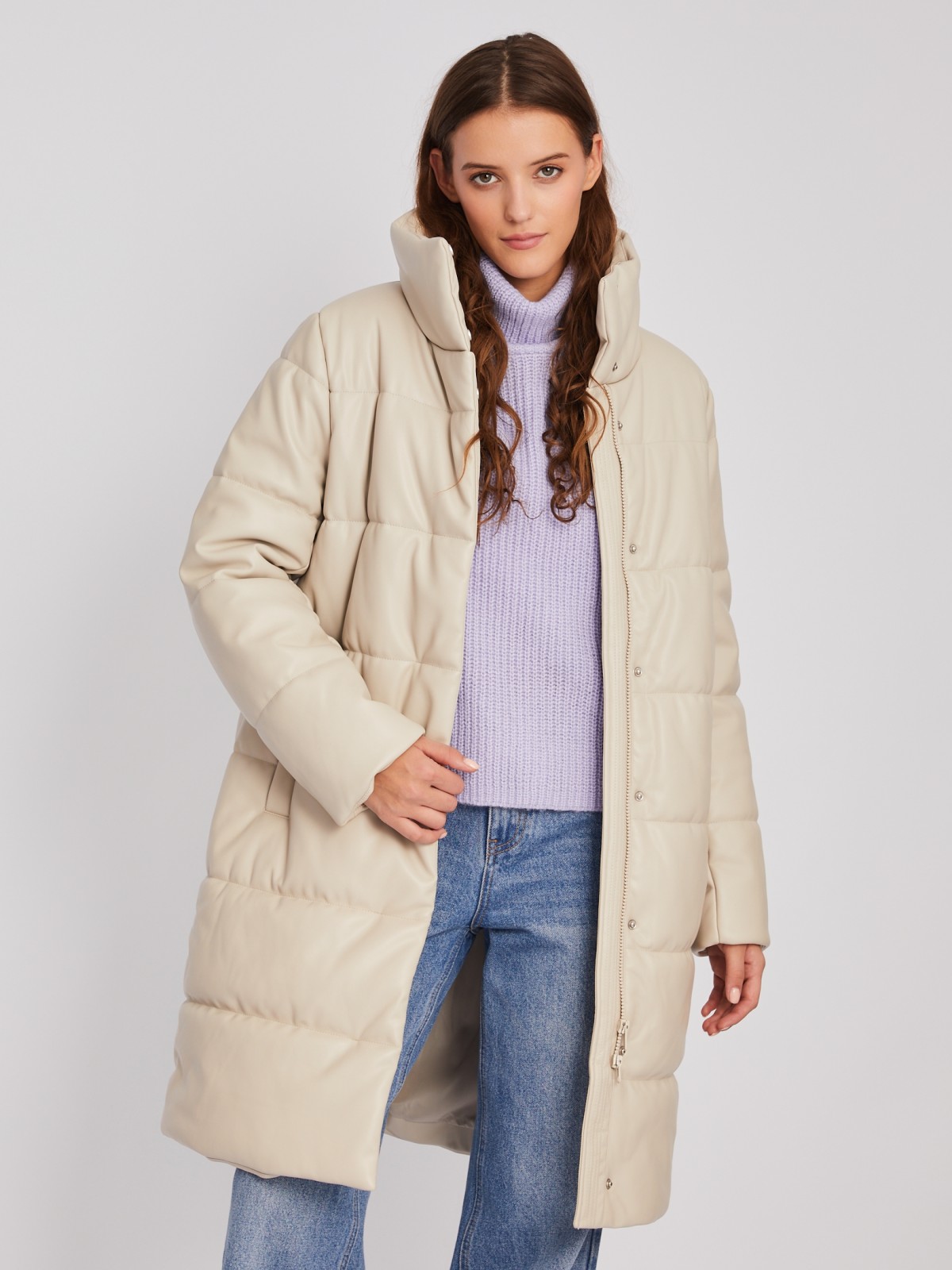 Тёплая стёганая куртка-пальто из экокожи с высоким воротником