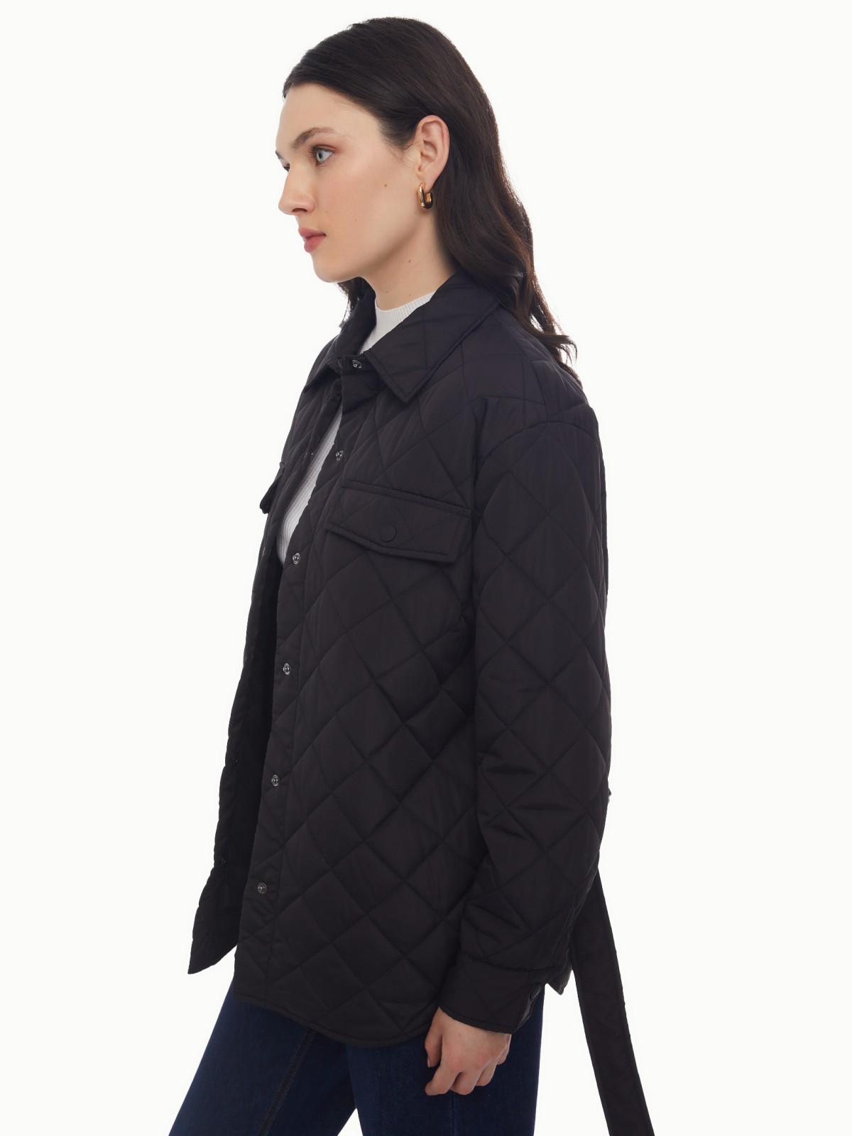Утеплённая стёганая куртка-рубашка на синтепоне с поясом zolla 024135102134, цвет черный, размер XS - фото 4