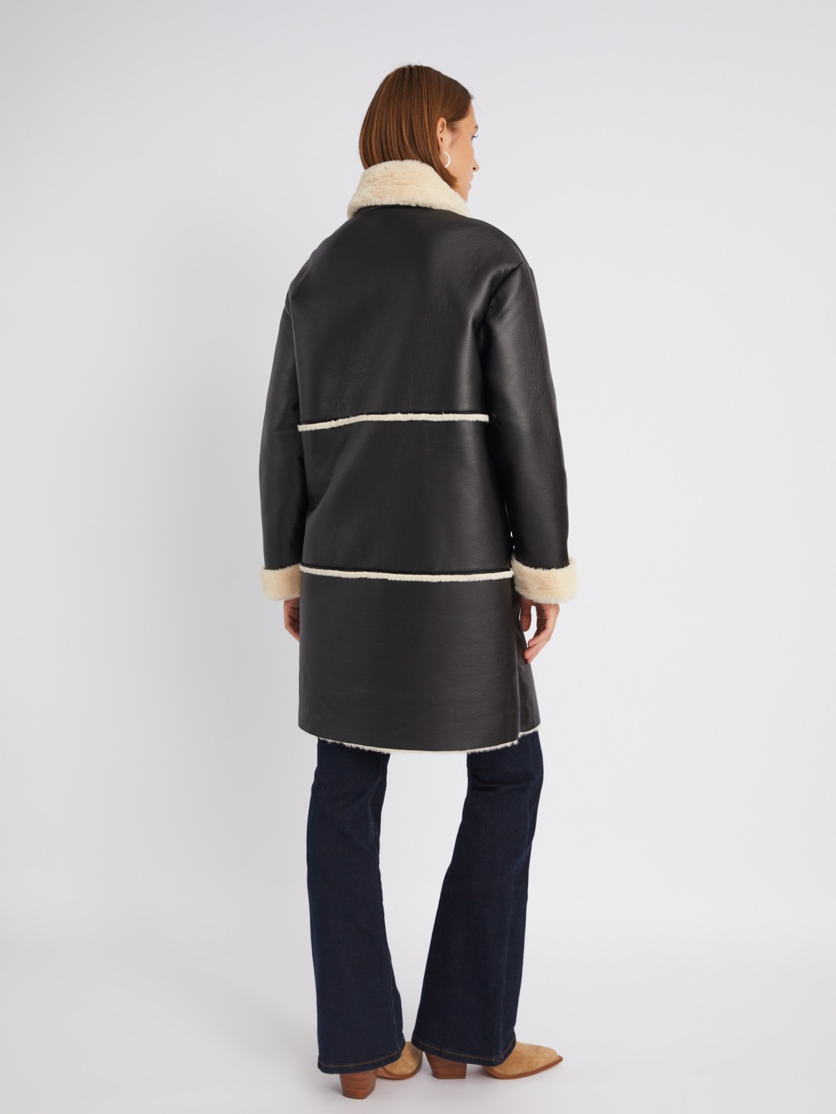 Длинное тёплое пальто-дублёнка из экокожи с искусственным мехом по подкладке zolla 023335550084, цвет черный, размер M - фото 6