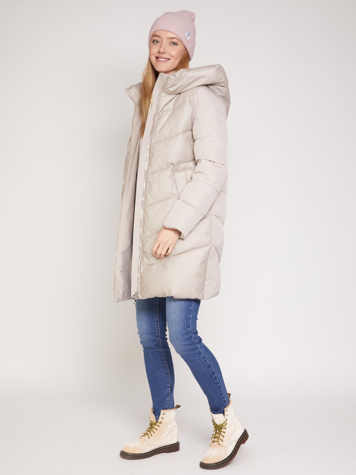 Тёплое стёганое пальто с капюшоном