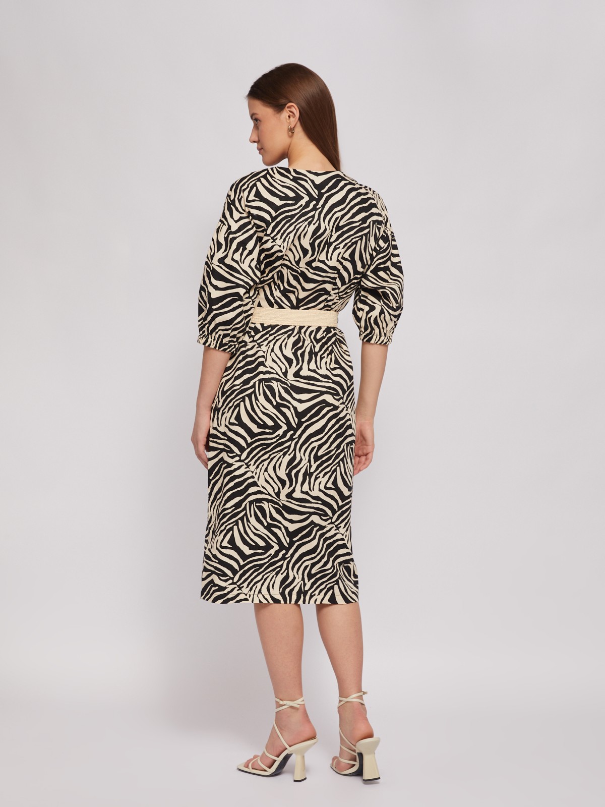 Платье-халат из хлопка с принтом и плетёным ремнём