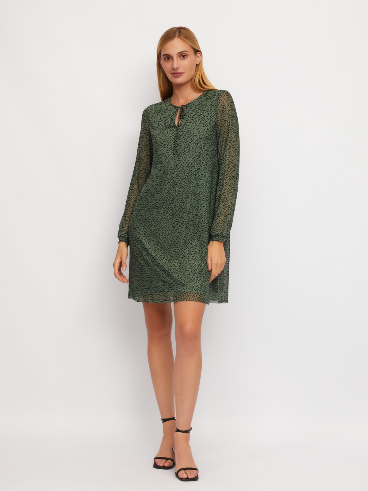 Платье мини с длинным рукавом и вырезом на завязках zolla 024118159142, цвет светло-зеленый, размер XS - фото 2