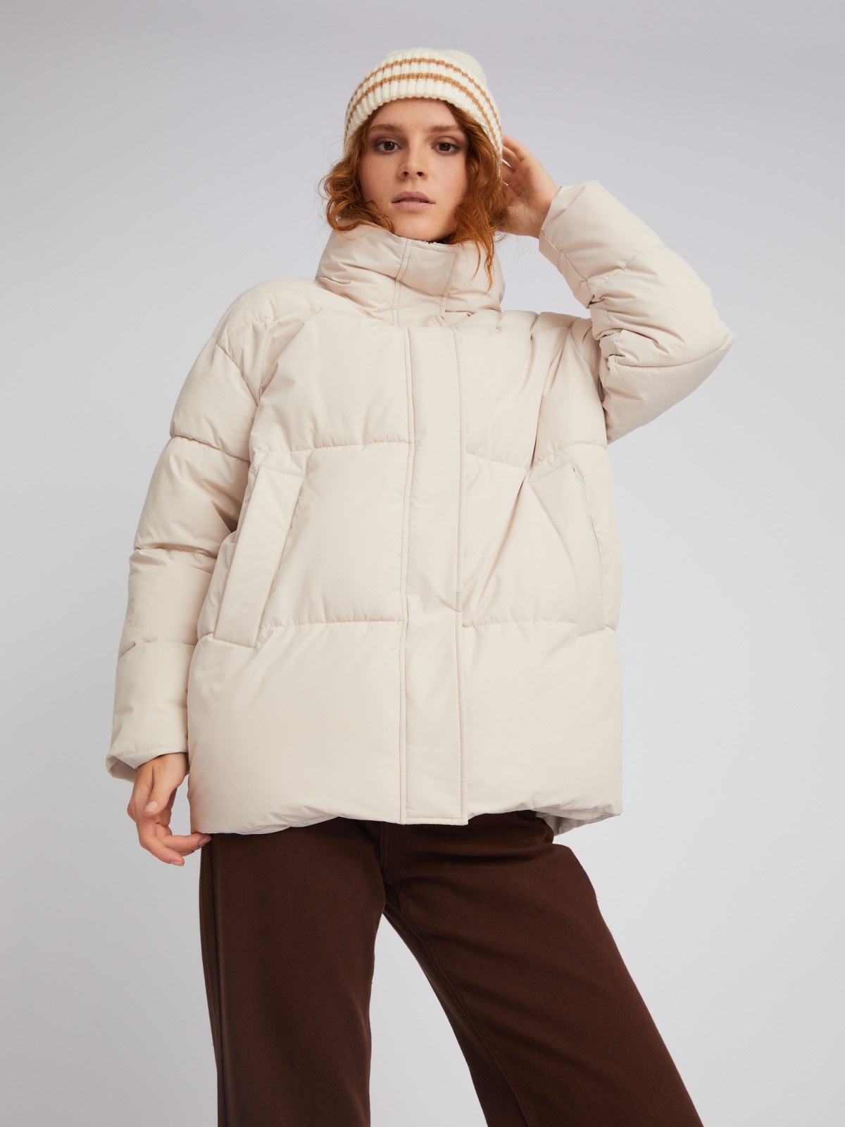 Тёплая стёганая дутая куртка оверсайз силуэта с высоким воротником zolla 023335102074, цвет молоко, размер S - фото 3