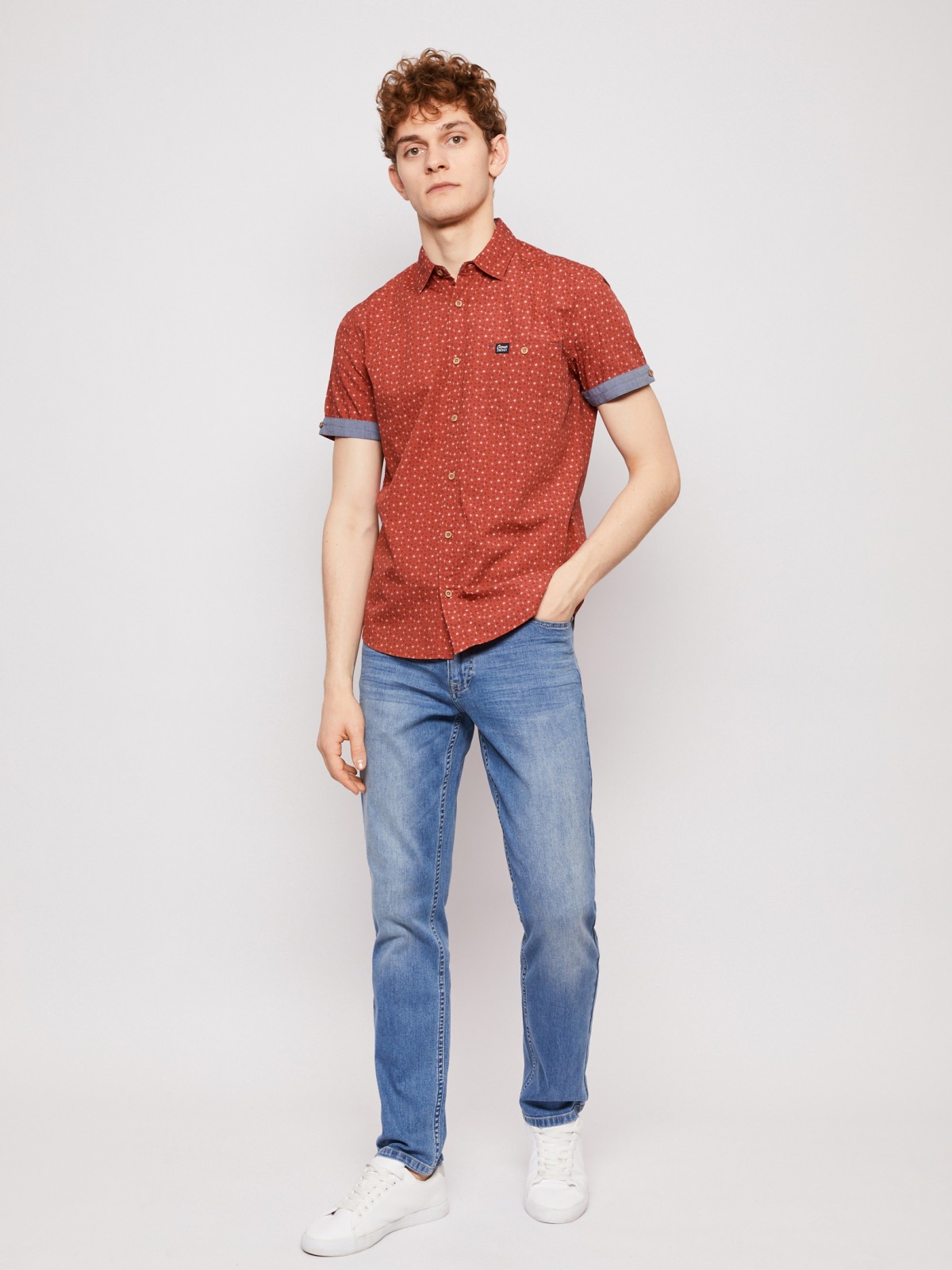 Хлопковая рубашка с короткими рукавами zolla 21123227Y041, цвет красный, размер M - фото 1