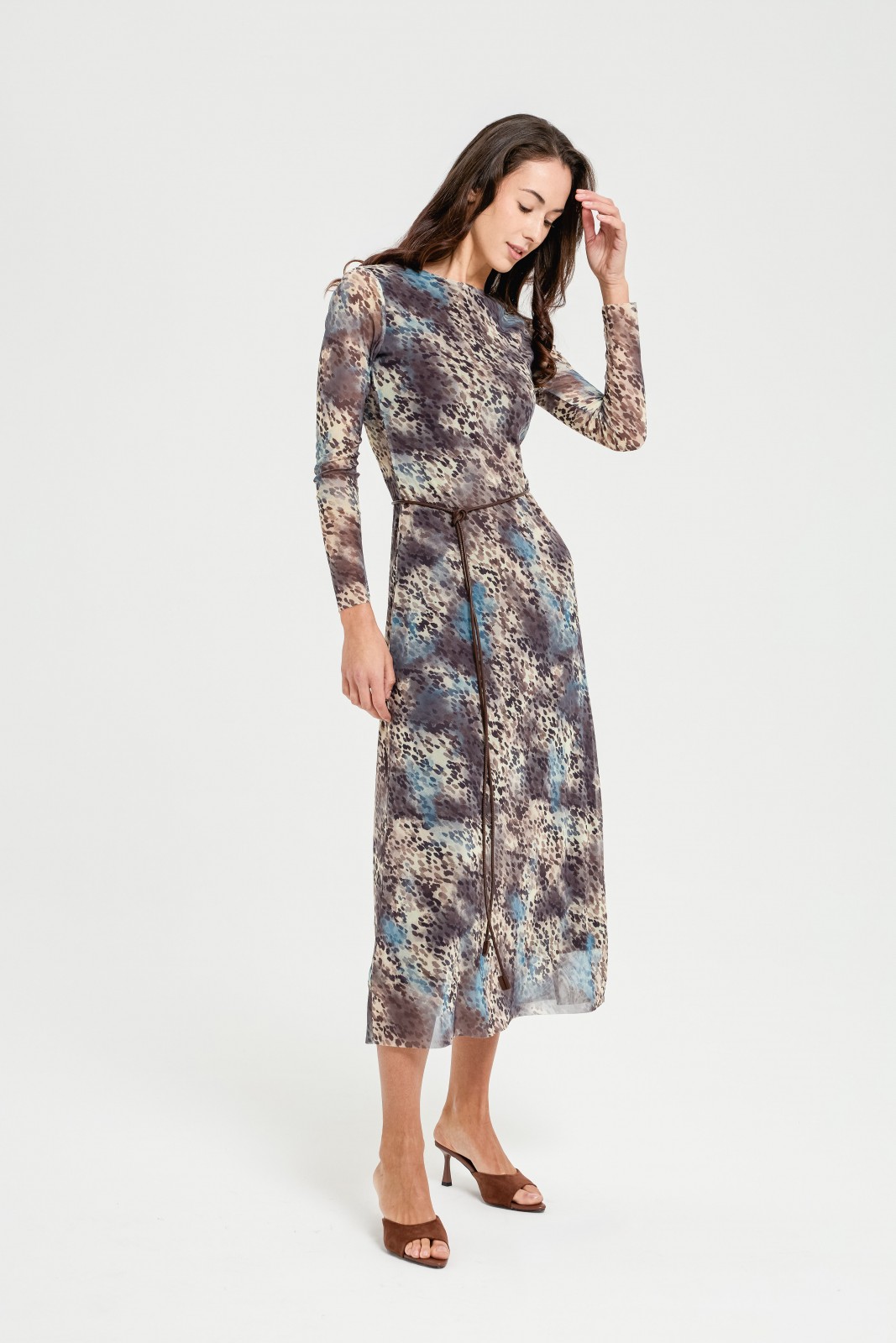 Платье миди из сетки с принтом