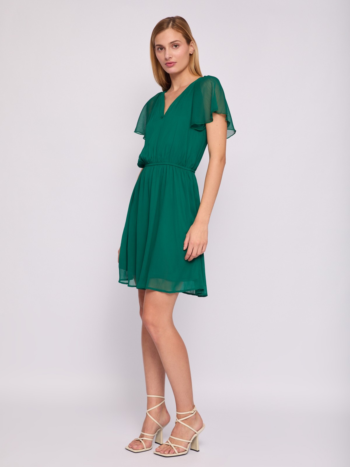 Шифоновое платье мини без принта zolla 024238262092, цвет темно-зеленый, размер M - фото 2