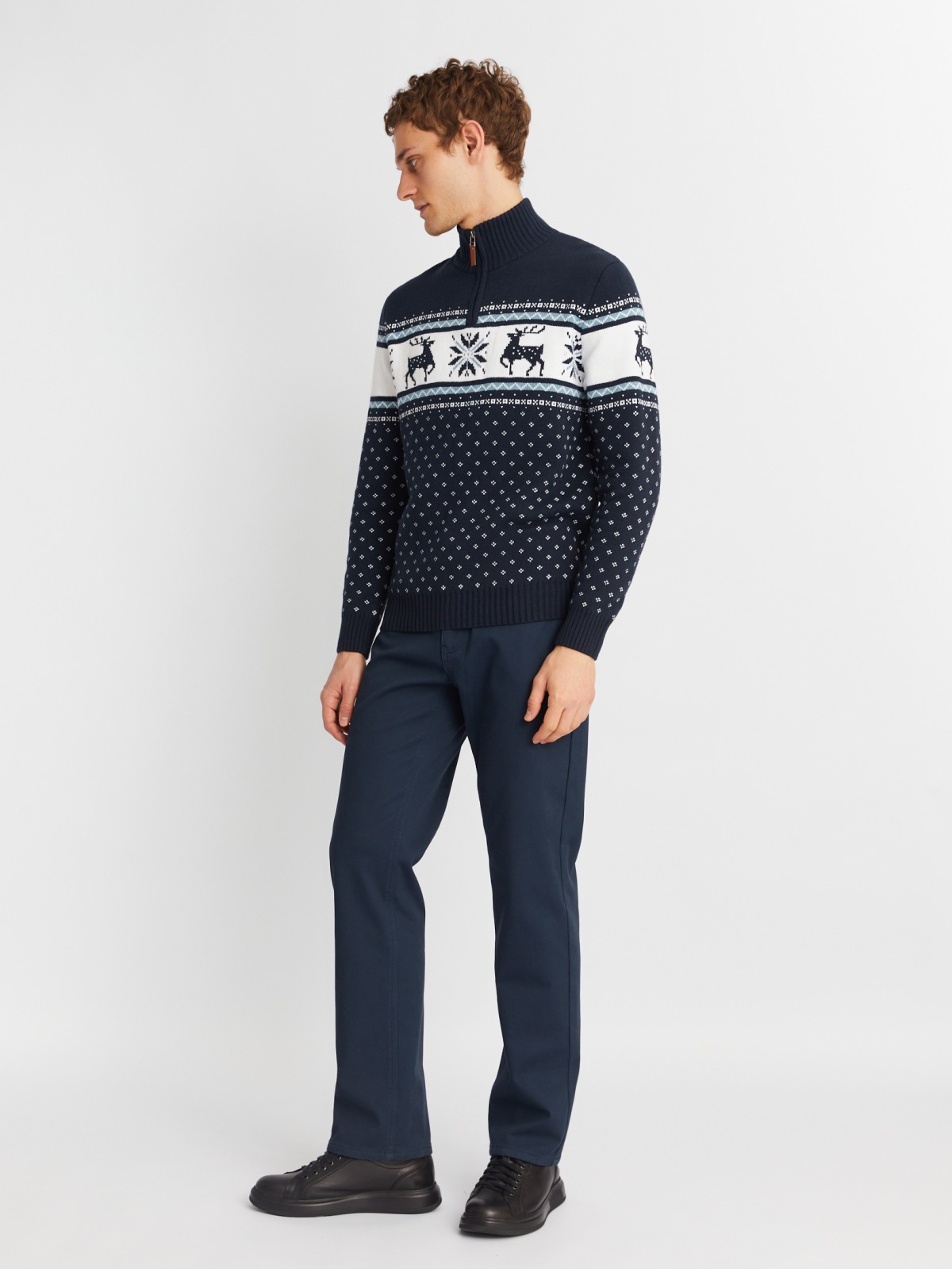 Вязаный свитер с воротником на молнии и скандинавским узором zolla 013436823043, цвет синий, размер M - фото 2