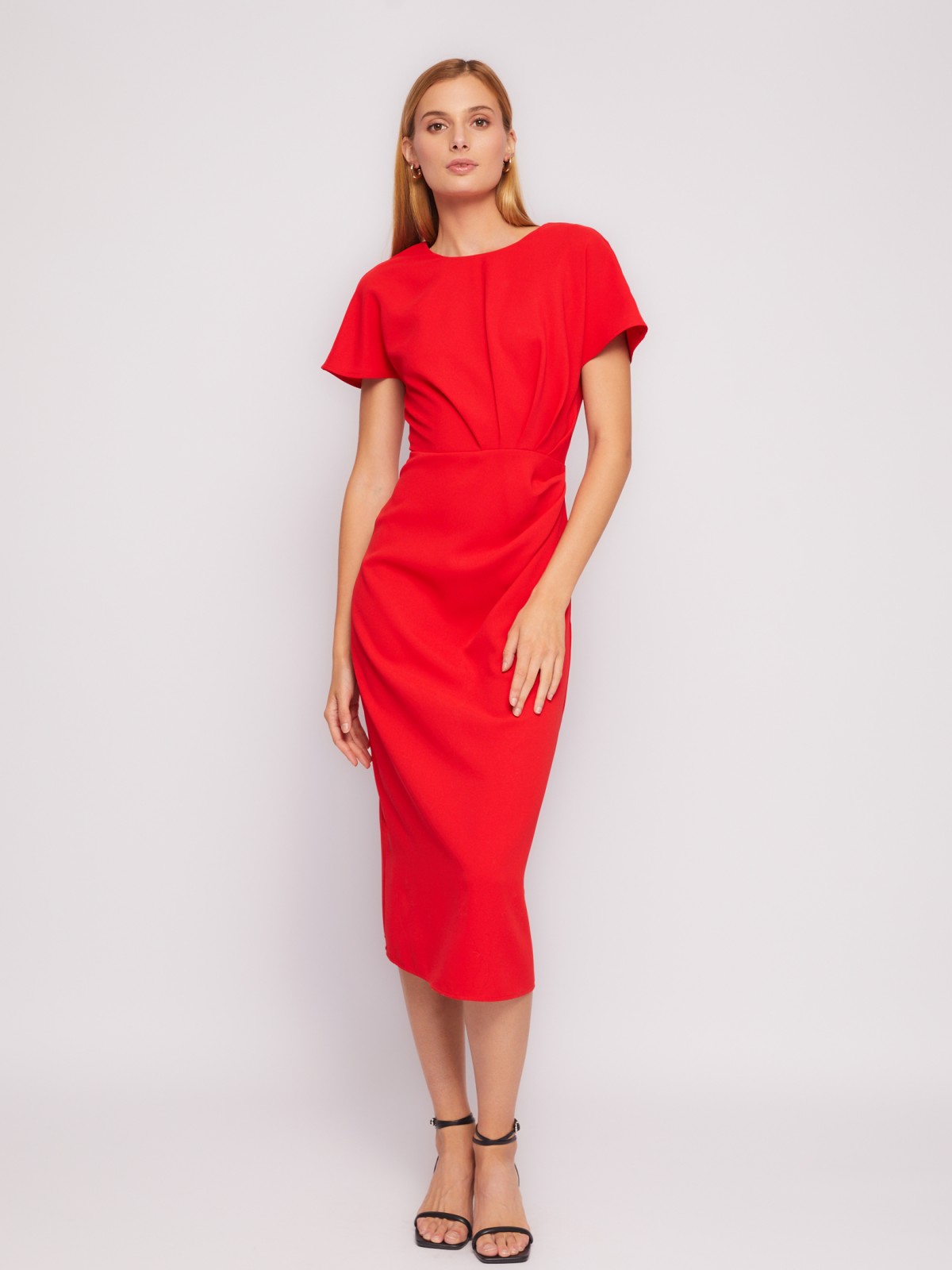 Платье длины миди с драпировкой и вырезом на спине zolla 024218239311, цвет красный, размер XS - фото 1