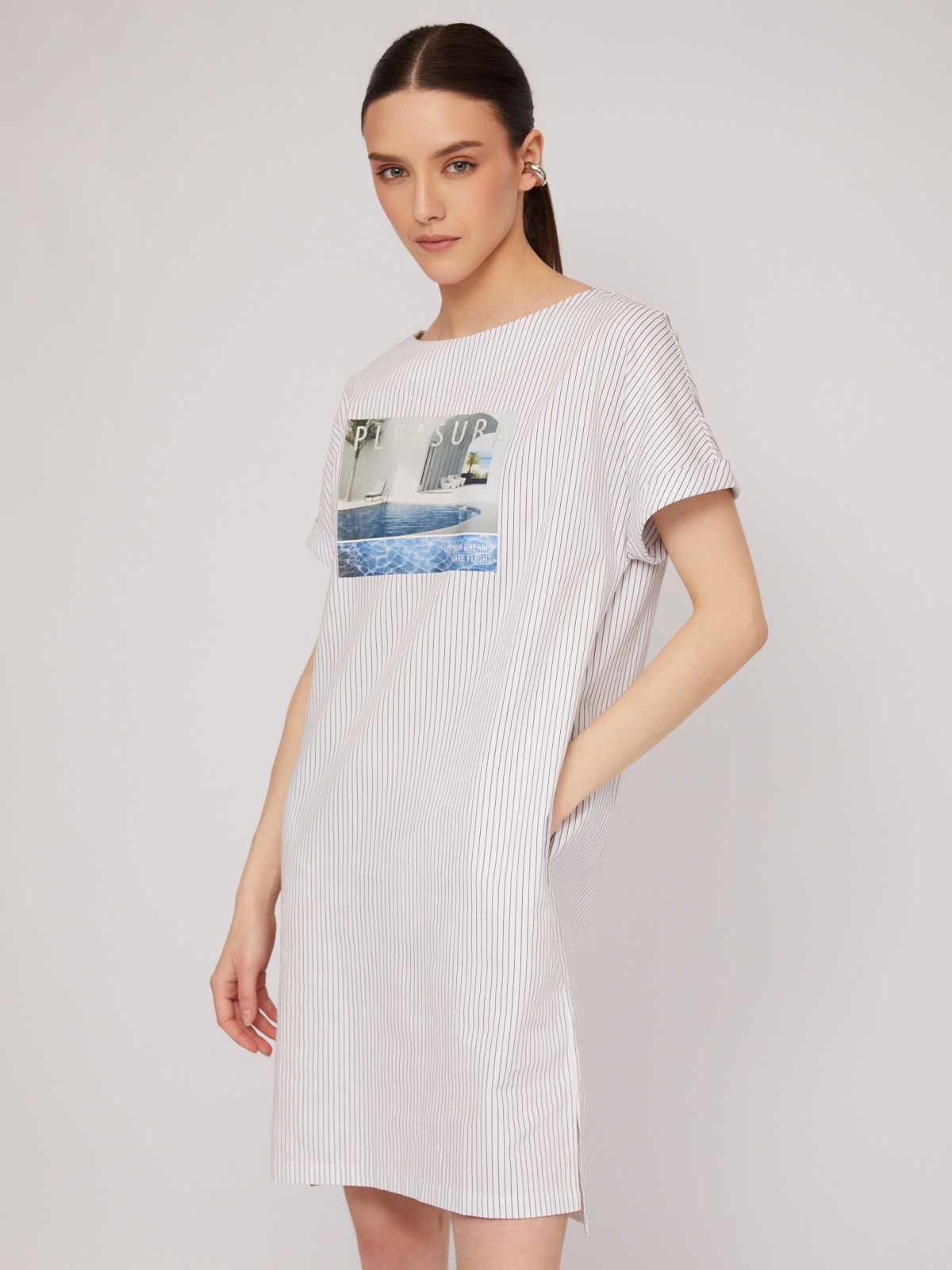 Платье-футболка из хлопка с принтом zolla 024248259593, цвет белый, размер S - фото 3