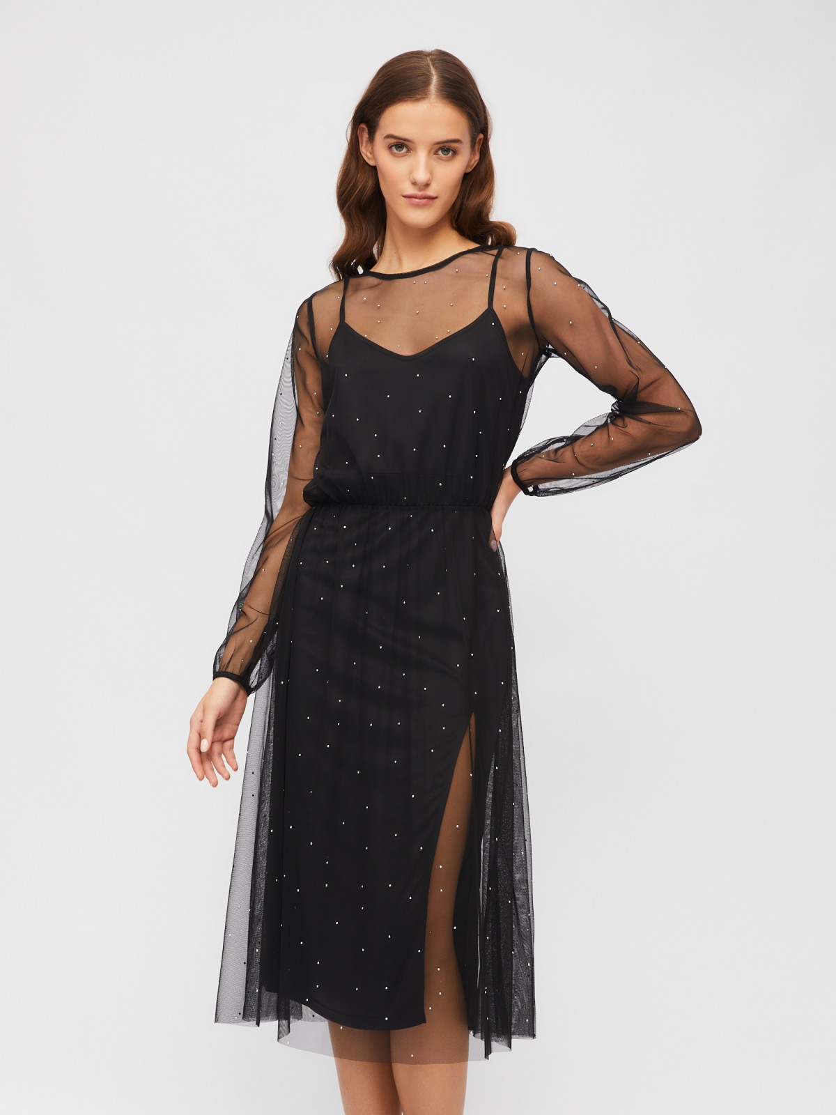 Платье из прозрачной сетки со стразами и нижней комбинации с разрезом zolla 023458155053, цвет черный, размер XXS - фото 3