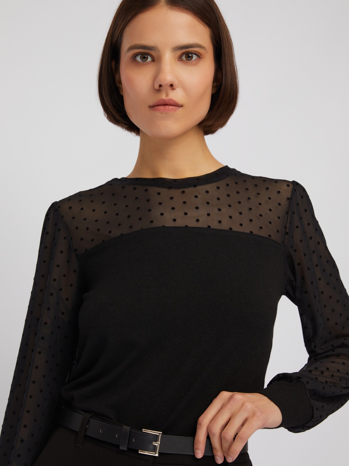 Трикотажный топ-блузка с акцентом на кокетке и рукавах zolla 024113159083, цвет черный, размер XS - фото 3