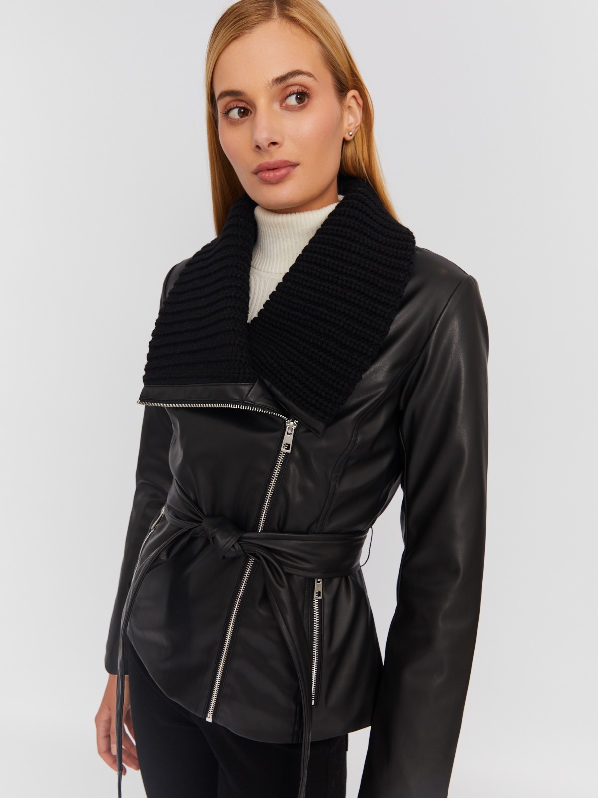 Тёплая куртка-косуха из экокожи на синтепоне с поясом zolla 023335150014, цвет черный, размер M - фото 3