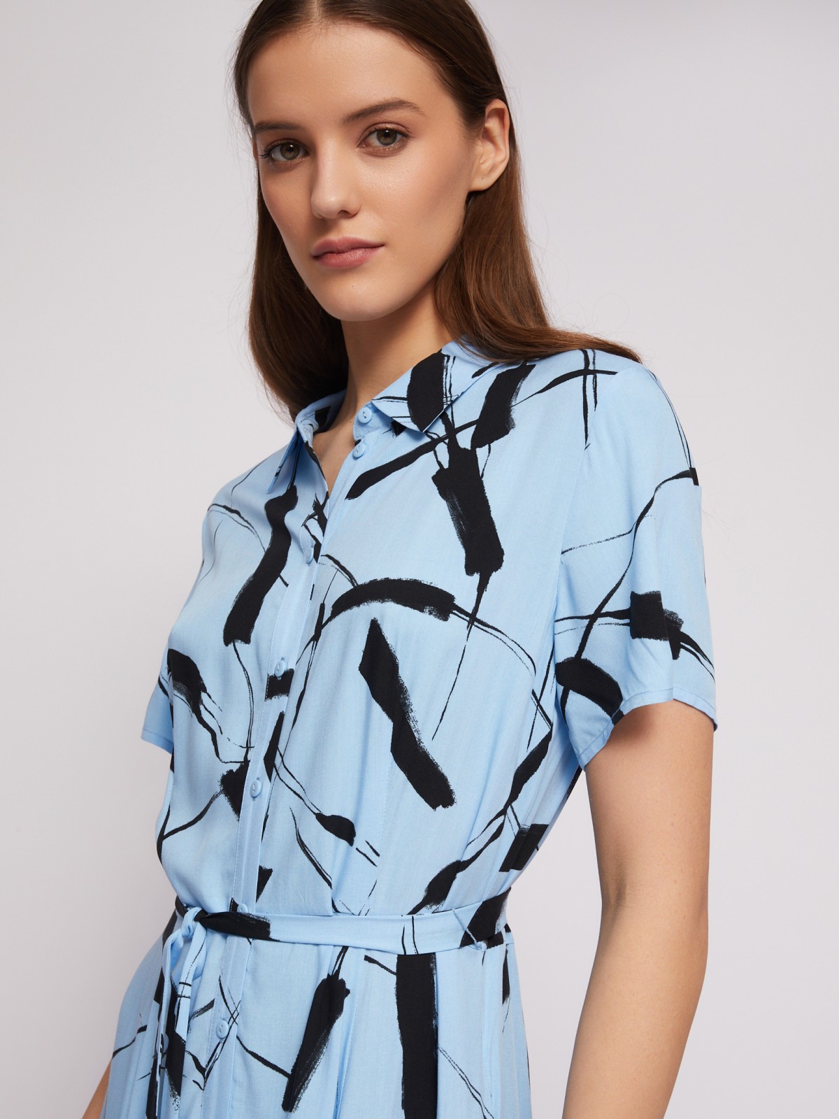 Платье-рубашка из вискозы с принтом и с поясом zolla 02421827Y083, цвет светло-голубой, размер S - фото 5