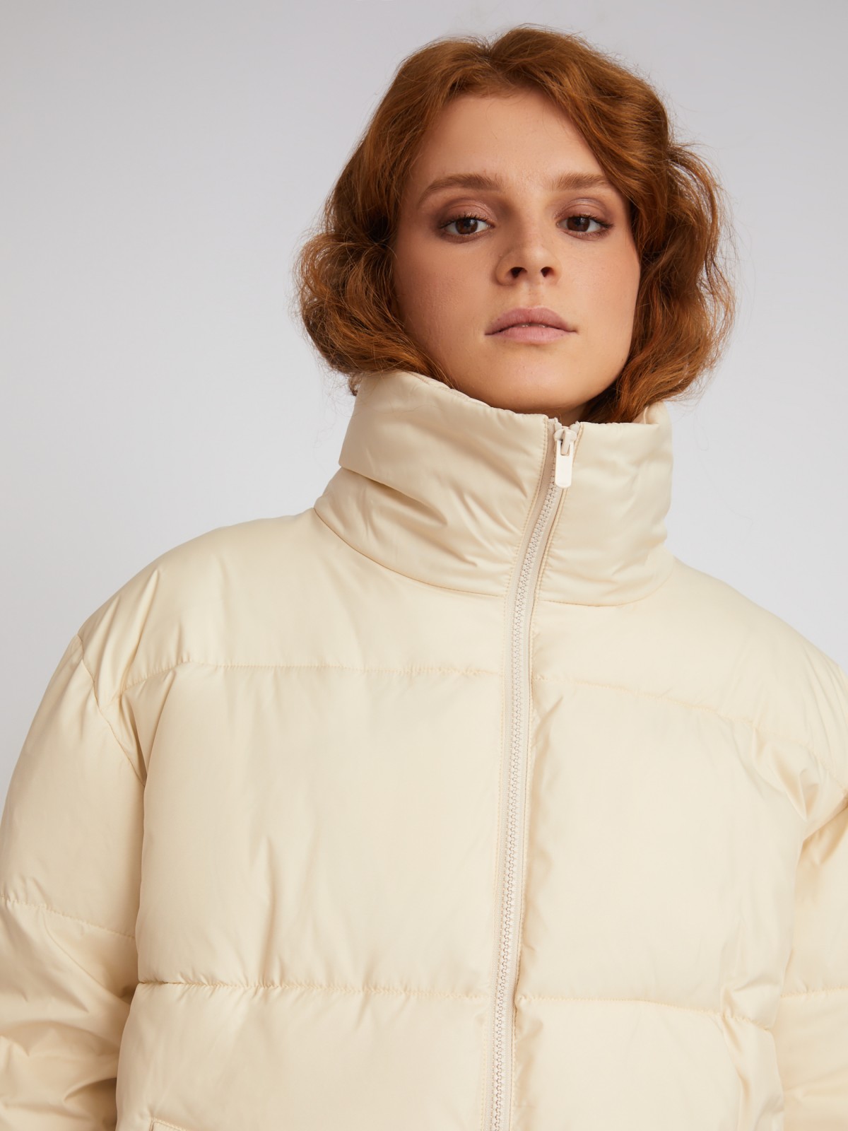 Длинная тёплая куртка-пальто с высоким двойным воротником и вшитой манишкой на молнии