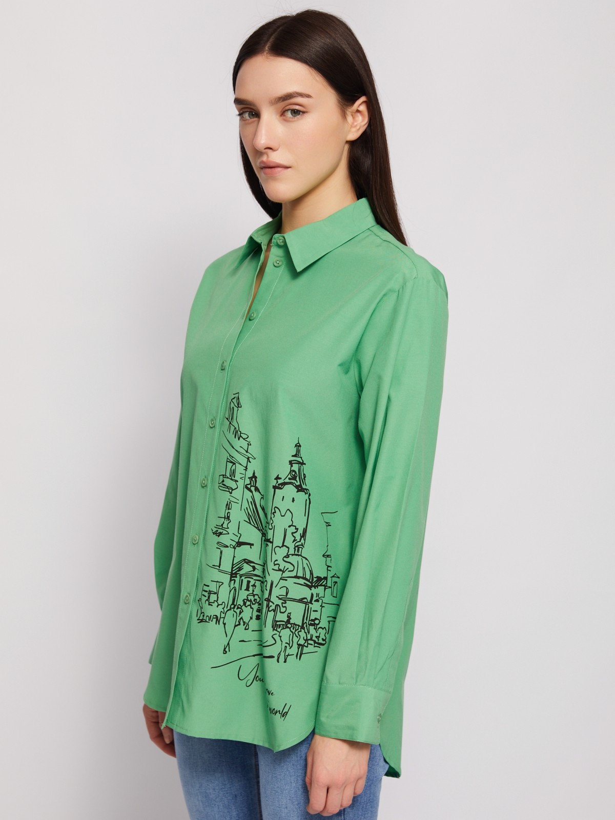 Рубашка прямого фасона с принтом zolla 024221159313, цвет зеленый, размер M - фото 3