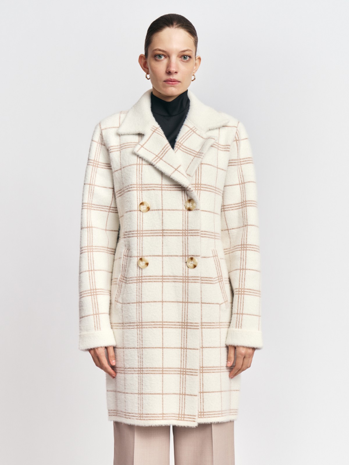 Двубортный кардиган-пальто с узором в клетку