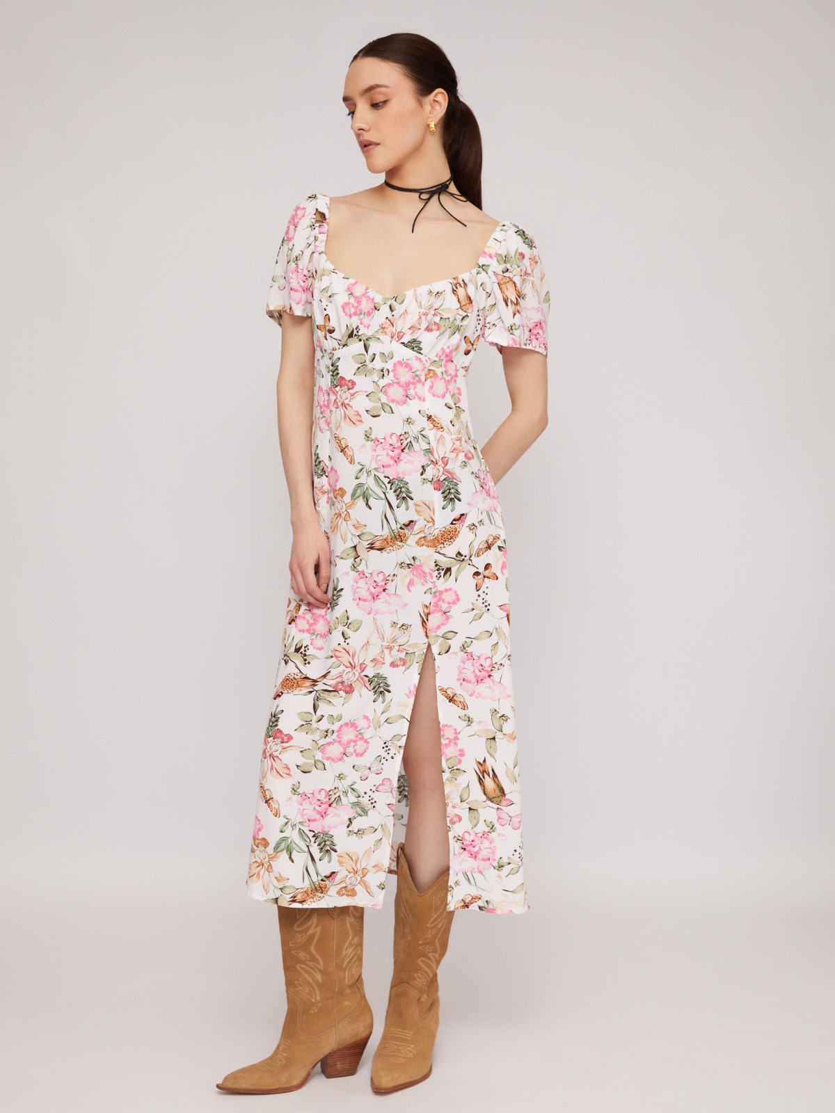 Платье миди из вискозы с коротким рукавом и разрезом