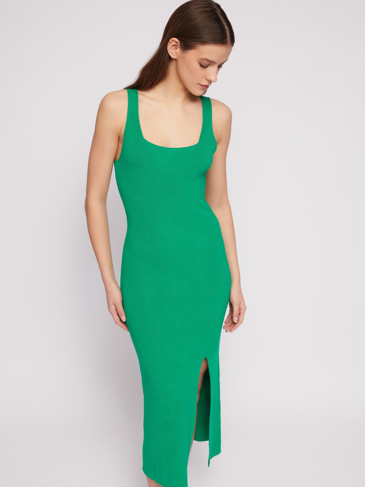 Трикотажное платье длины миди с разрезом zolla 024218442011, цвет зеленый, размер XS