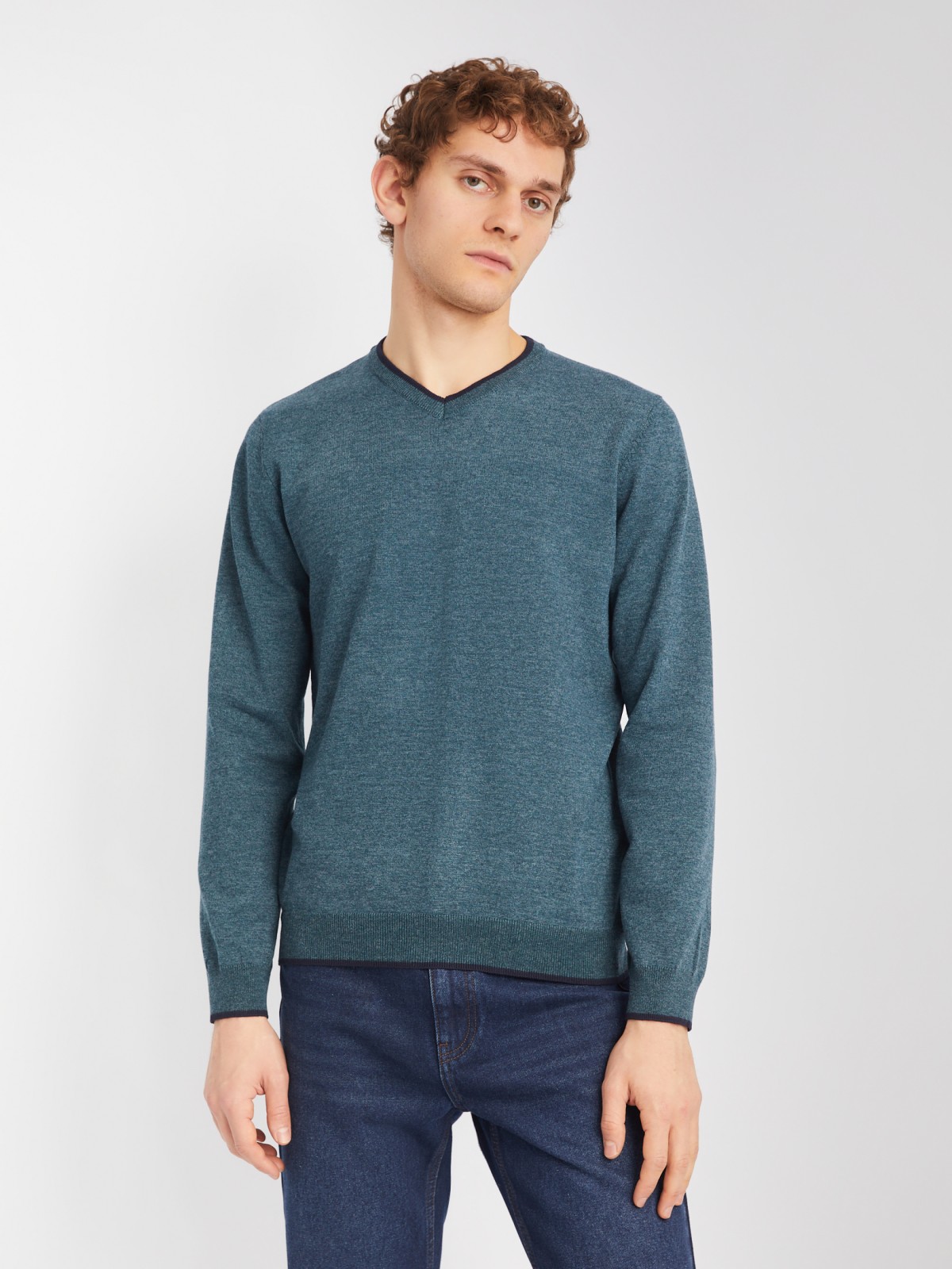 Тонкий трикотажный пуловер с длинным рукавом zolla 014116101082, цвет темно-бирюзовый, размер M - фото 1