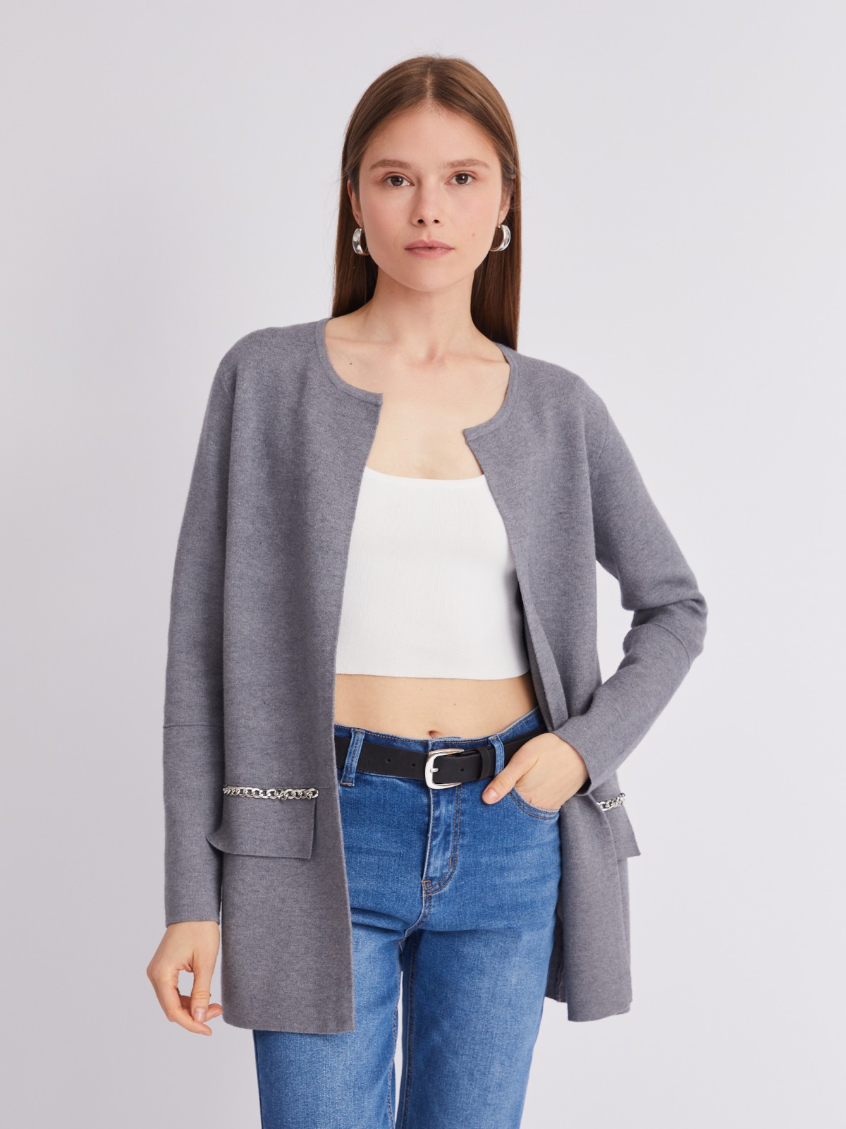 Кардиган из вязаного трикотажа с акцентным декором на клапанах