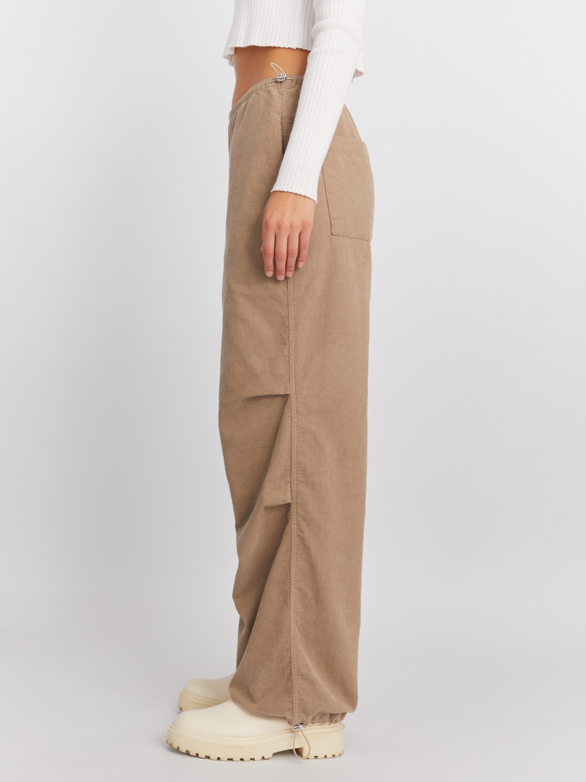 Вельветовые брюки-джоггеры на кулиске из хлопка zolla 024117359011, цвет бежевый, размер XS - фото 3