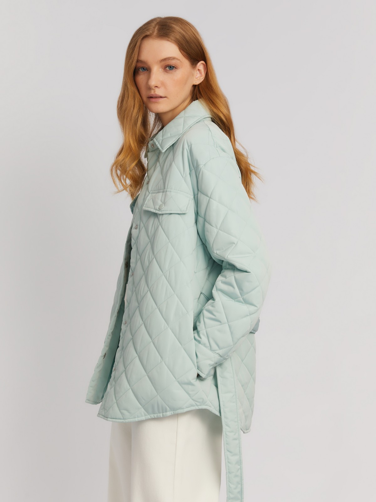 Утеплённая стёганая куртка-рубашка на синтепоне с поясом zolla 024135102134, цвет мятный, размер XS - фото 3