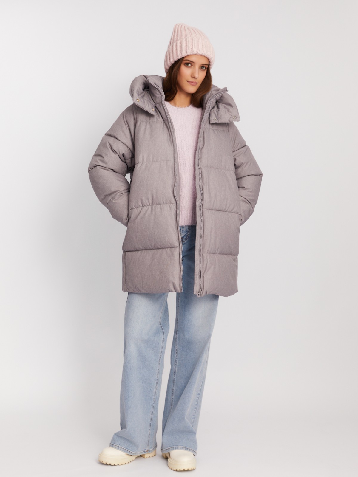 Тёплая куртка-пальто оверсайз силуэта с капюшоном zolla 02342520L124, цвет серый, размер XS - фото 2