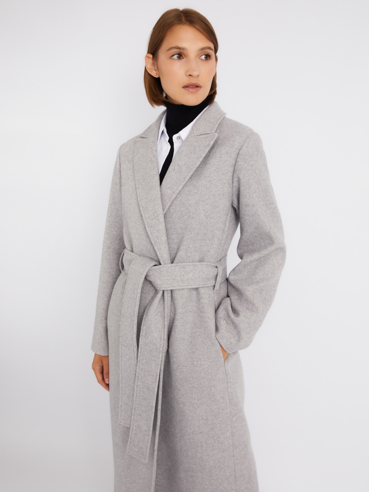 Длинное пальто без утеплителя на кнопках с поясом