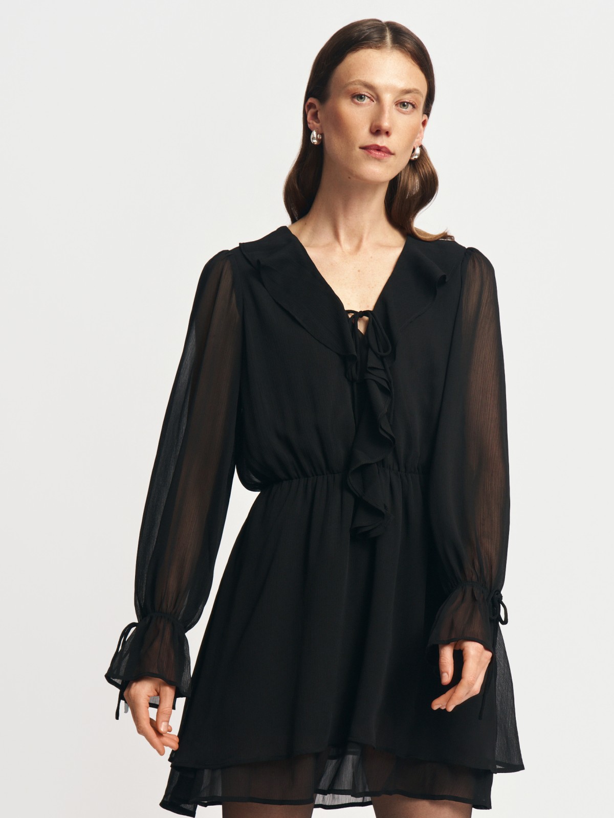 Платье мини из шифона с воланами