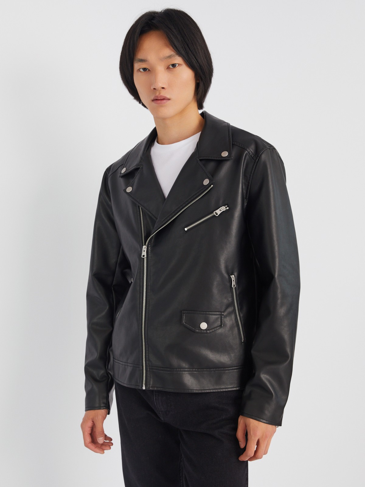 Кожаная куртка-косуха из экокожи без утеплителя zolla 013325650034, цвет черный, размер S - фото 4