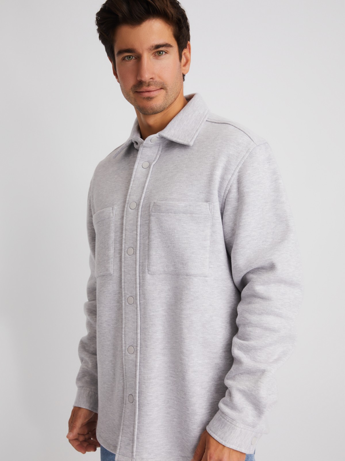Утеплённая трикотажная куртка-рубашка с начёсом zolla 01411432F023, цвет серый, размер S - фото 4