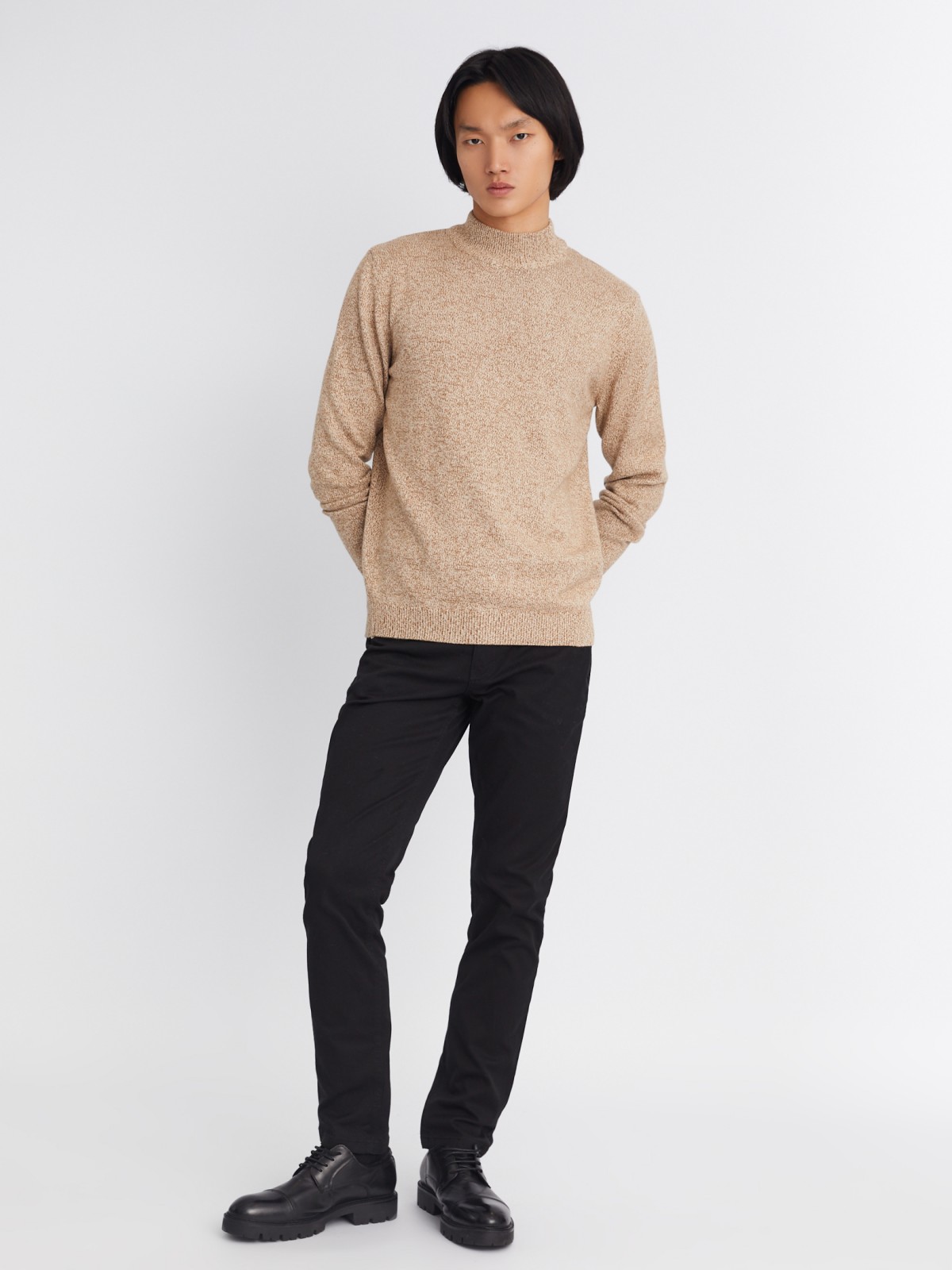 Вязаный свитер из хлопка с воротником-полустойкой и длинным рукавом zolla 012346183043, цвет бежевый, размер S - фото 2