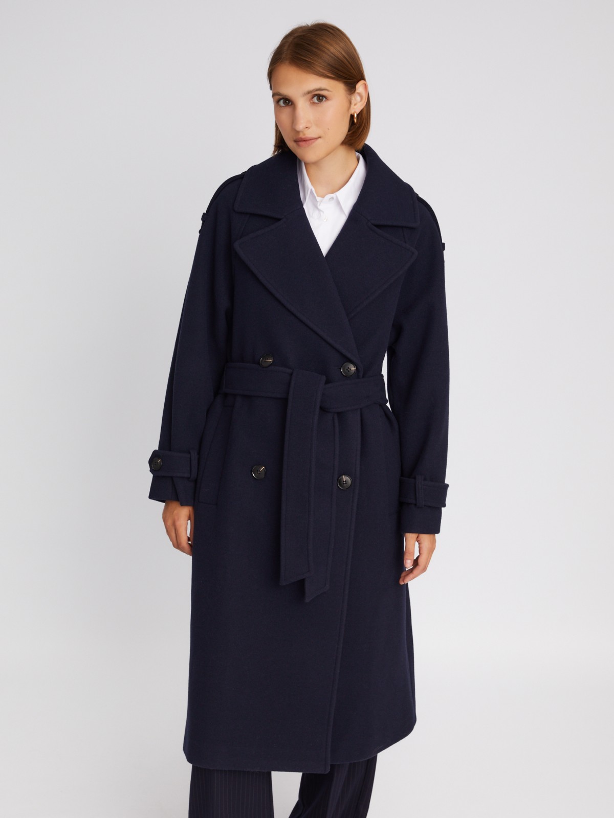 Длинное пальто-тренч без утеплителя на пуговицах с рукавами реглан и поясом zolla 023335866114, цвет синий, размер S - фото 4