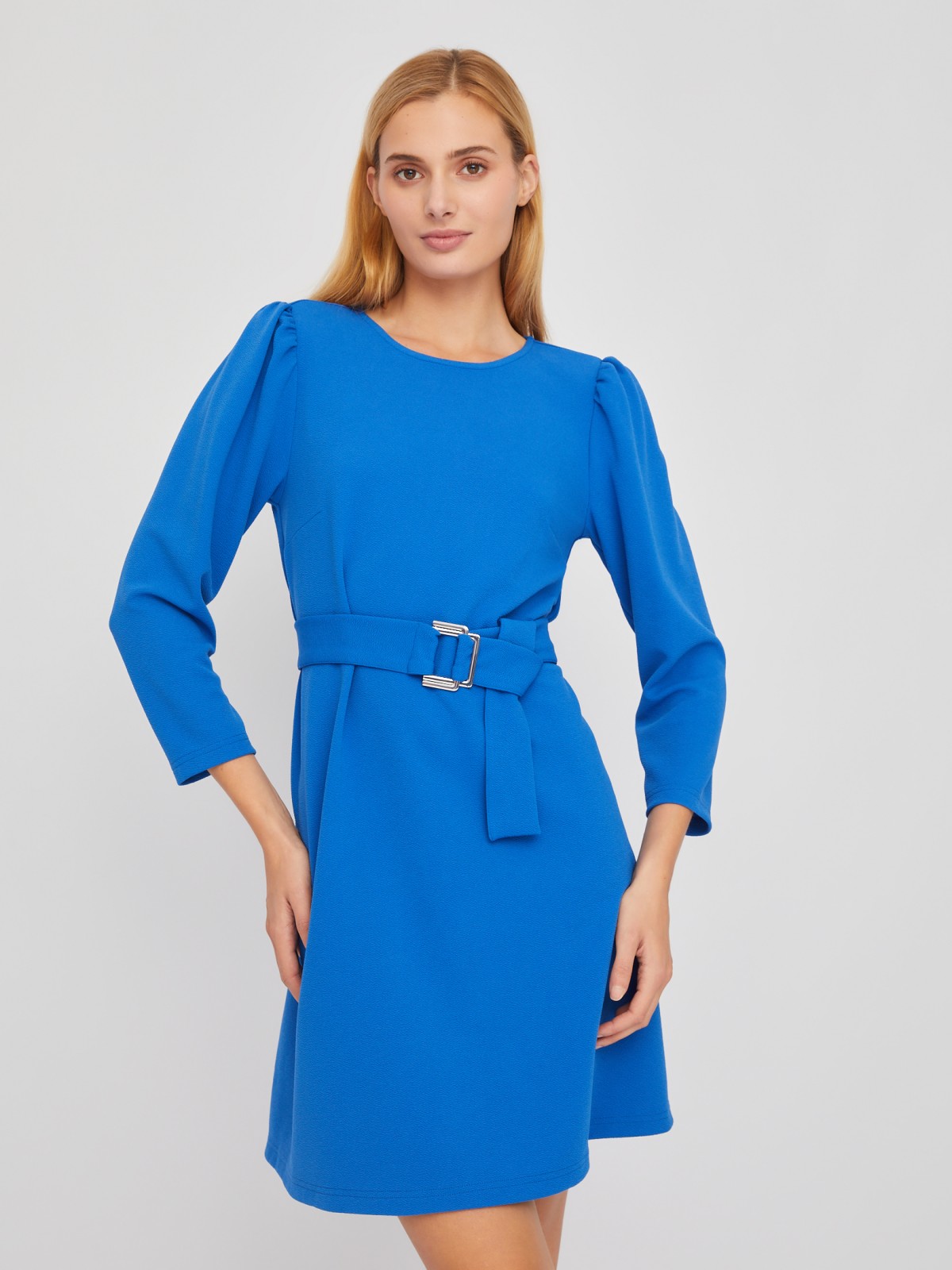 Платье длины мини с акцентном на талии и поясом zolla 024118159242, цвет голубой, размер XS