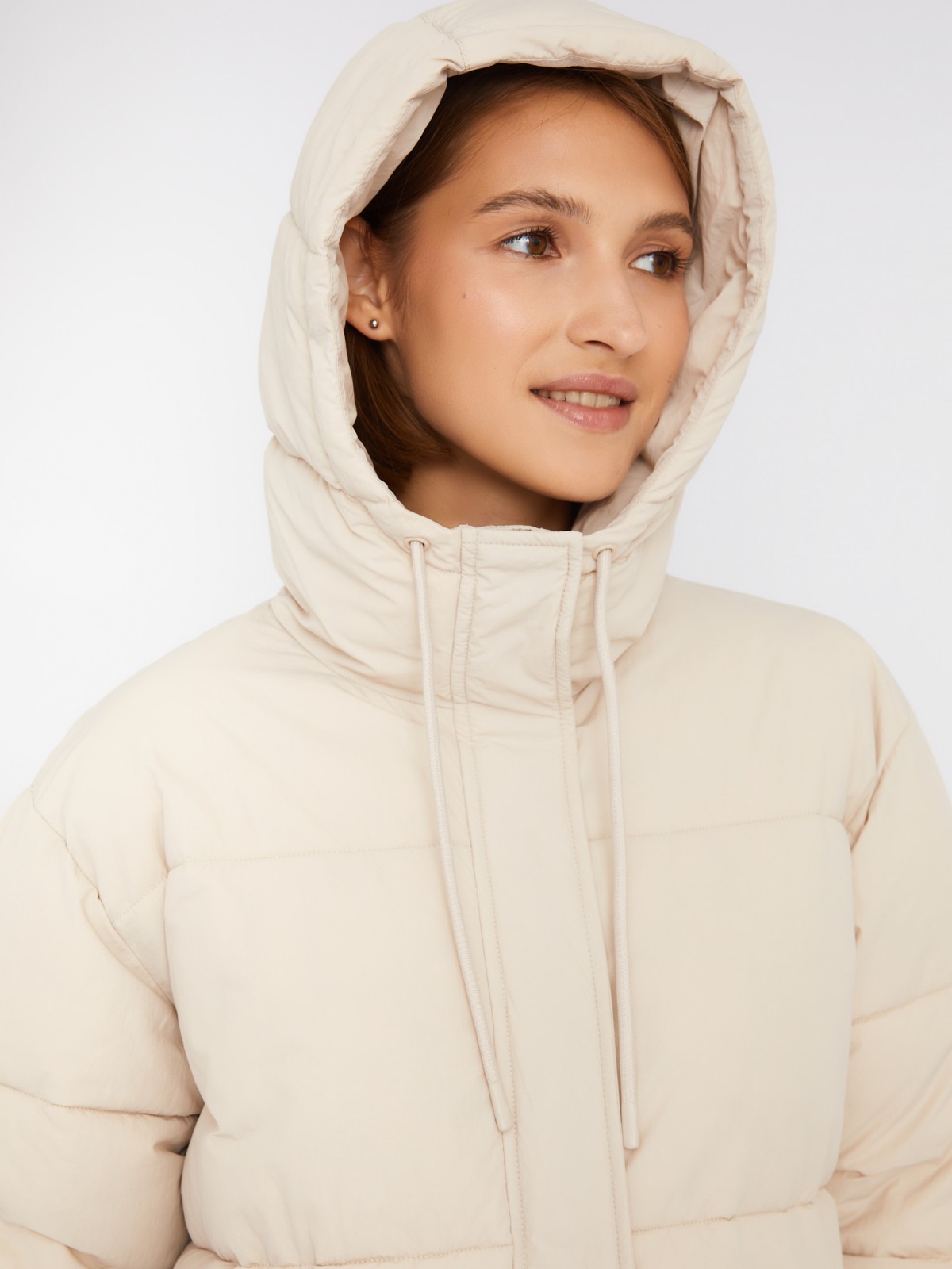 Длинная тёплая стёганая куртка-пальто с капюшоном zolla 023335202084, цвет молоко, размер XS - фото 4