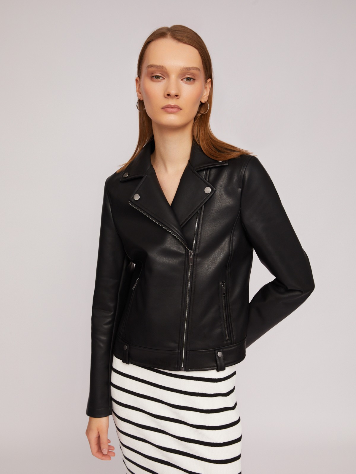 Кожаная куртка-косуха из экокожи zolla 024215602034, цвет черный, размер XS - фото 4