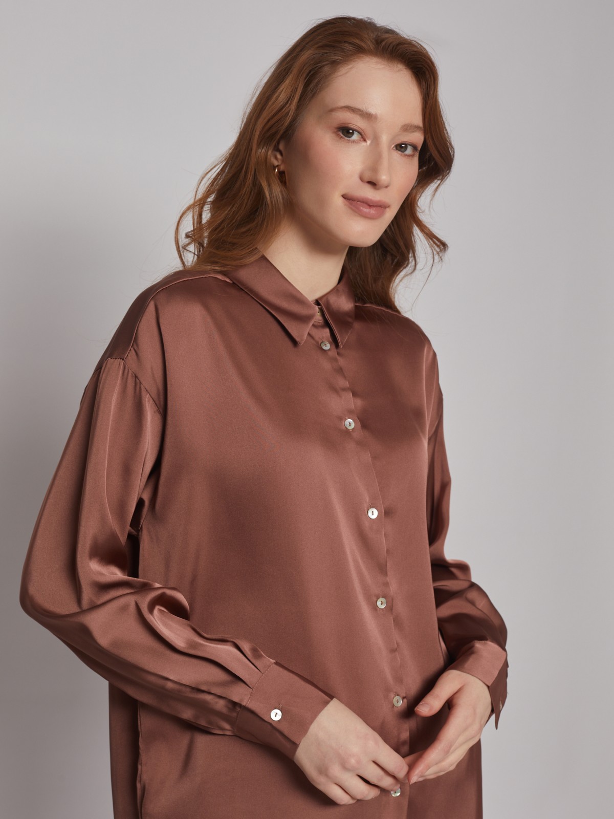 Рубашка из атласной ткани zolla 22231117Y151, цвет коричневый, размер XS - фото 5