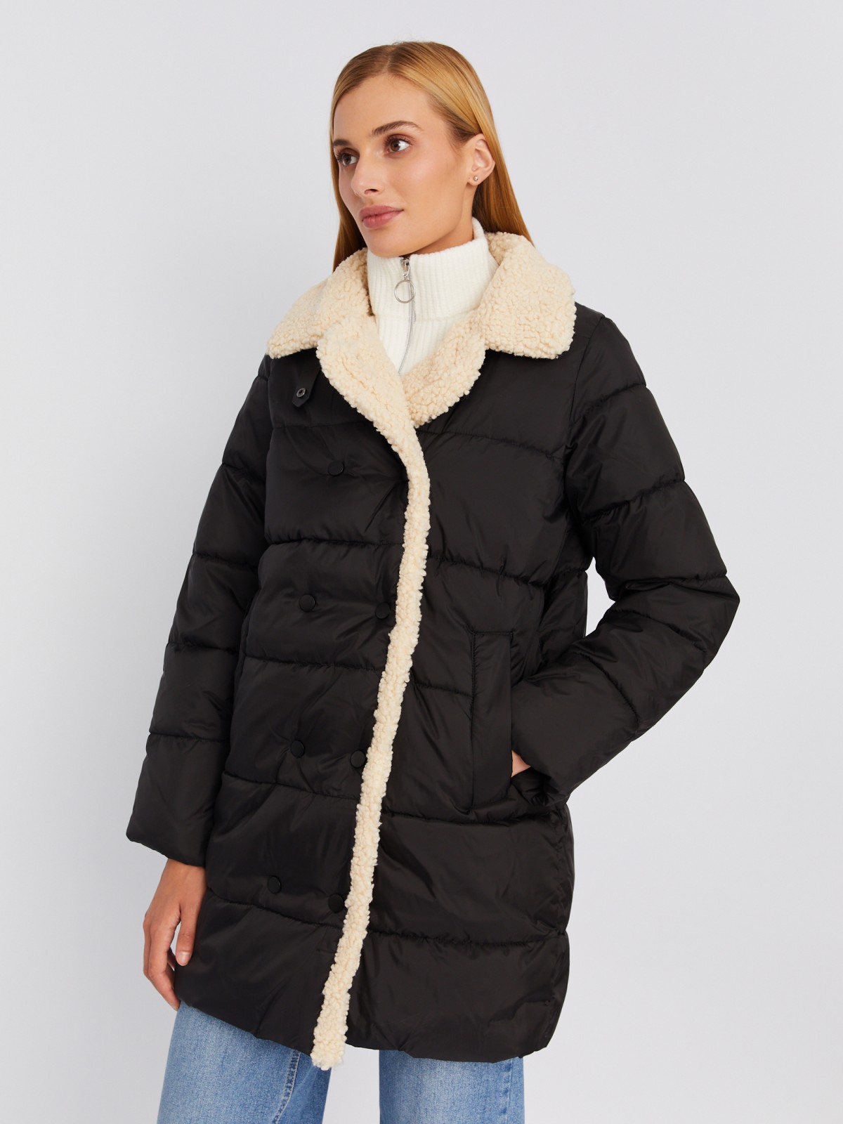 Тёплая стёганая куртка-пальто с отложным воротником и отделкой из искусственного меха zolla 023335239014, цвет черный, размер XS - фото 3