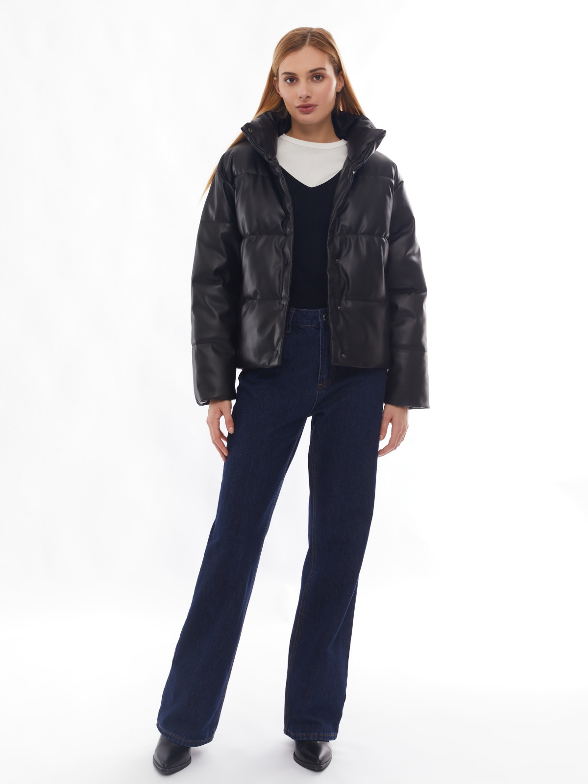 Тёплая стёганая дутая куртка из экокожи с высоким воротником zolla 02412516F034, цвет черный, размер XS - фото 2