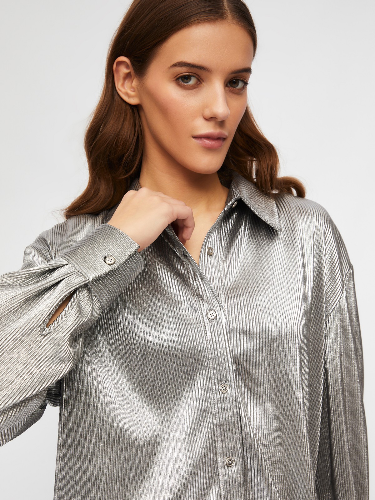 Рубашка свободного силуэта с серебряным блеском zolla 023451162091, цвет серебряный, размер XS - фото 4