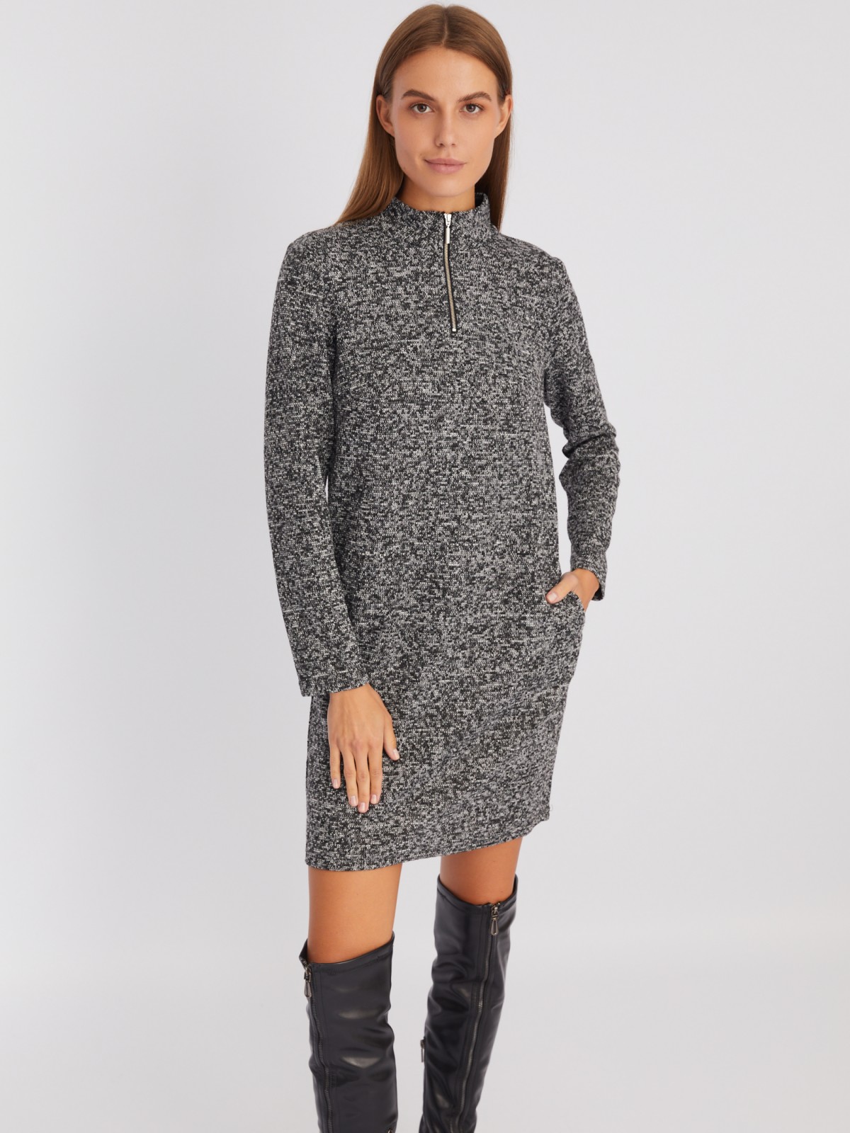 Трикотажное платье-свитер с горлом на молнии zolla 02343819F013, цвет серый, размер XS